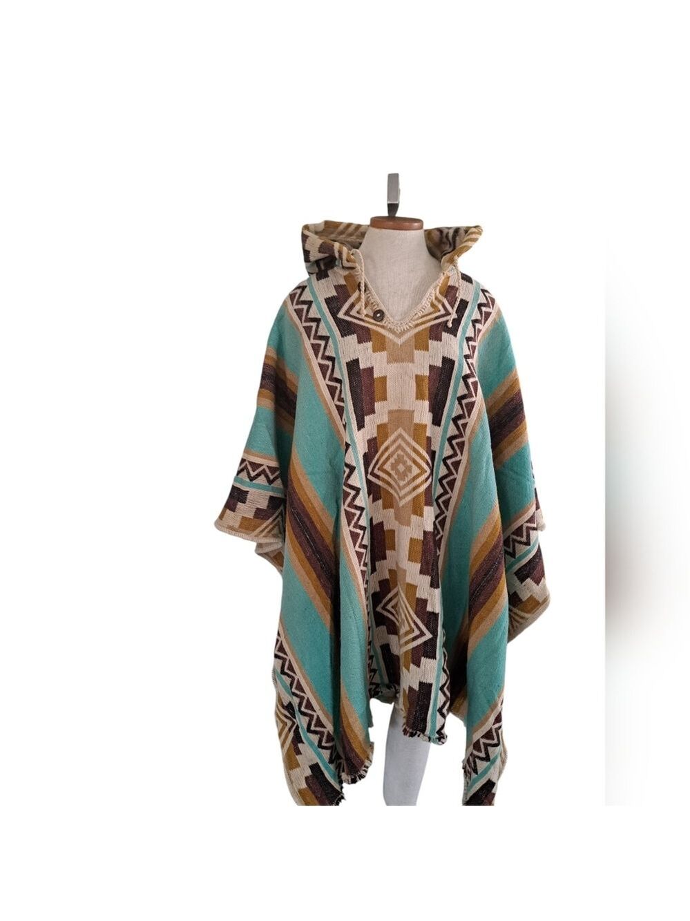 VTG MILMARTE 100% Wool Poncho hooded cape AZTEC Southwestern ranch coastal OS